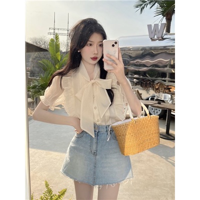 Jiashucheng Áo Sơ Mi Tay Phồng Cổ Chữ V Dáng Rộng Cao Cấp Phối Bèo Và Dây Cột Phong Cách Pháp Thời Trang Mùa Hè Hàng