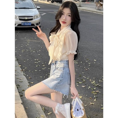 Jiashucheng Áo Sơ Mi Tay Phồng Cổ Chữ V Dáng Rộng Cao Cấp Phối Bèo Và Dây Cột Phong Cách Pháp Thời Trang Mùa Hè Hàng