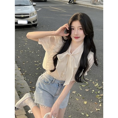 Jiashucheng Áo Sơ Mi Tay Phồng Cổ Chữ V Dáng Rộng Cao Cấp Phối Bèo Và Dây Cột Phong Cách Pháp Thời Trang Mùa Hè Hàng