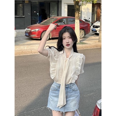 Jiashucheng Áo Sơ Mi Tay Phồng Cổ Chữ V Dáng Rộng Cao Cấp Phối Bèo Và Dây Cột Phong Cách Pháp Thời Trang Mùa Hè Hàng