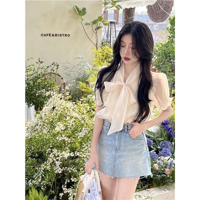 Jiashucheng Áo Sơ Mi Tay Phồng Cổ Chữ V Dáng Rộng Cao Cấp Phối Bèo Và Dây Cột Phong Cách Pháp Thời Trang Mùa Hè Hàng