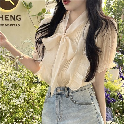 Jiashucheng Áo Sơ Mi Tay Phồng Cổ Chữ V Dáng Rộng Cao Cấp Phối Bèo Và Dây Cột Phong Cách Pháp Thời Trang Mùa Hè Hàng