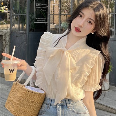 Jiashucheng Áo Sơ Mi Tay Phồng Cổ Chữ V Dáng Rộng Cao Cấp Phối Bèo Và Dây Cột Phong Cách Pháp Thời Trang Mùa Hè Hàng