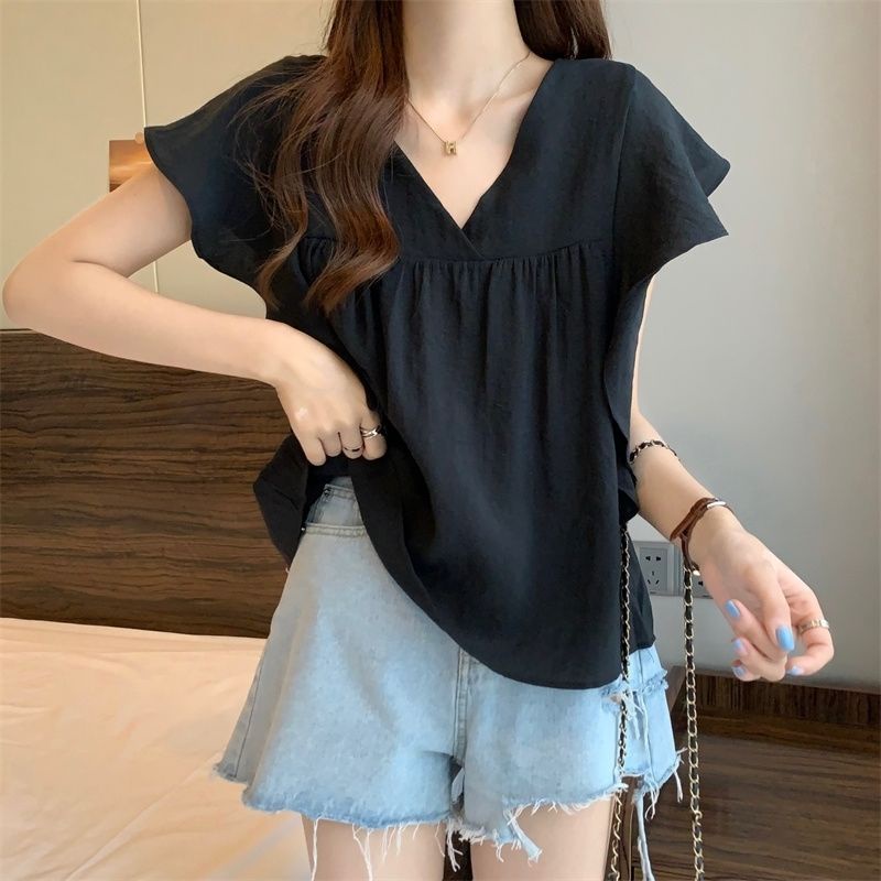 Jiashucheng Áo Sơ Mi Cổ Chữ V Tay Phồng Dáng Rộng Phong Cách Pháp Thời Trang Mùa Hè Hàng Mới Dành Cho Bạn Nữ