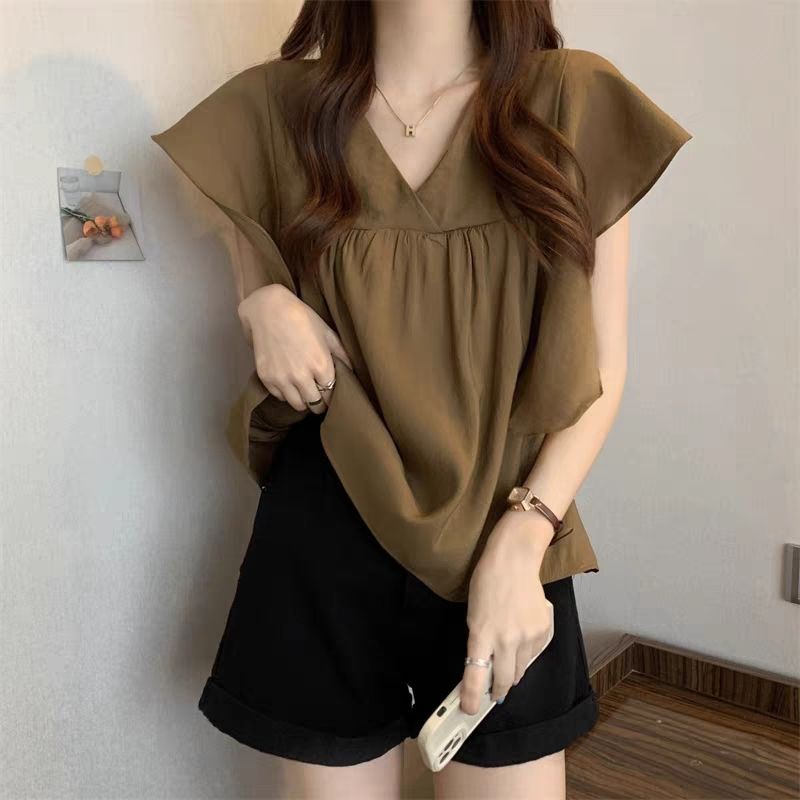 Jiashucheng Áo Sơ Mi Cổ Chữ V Tay Phồng Dáng Rộng Phong Cách Pháp Thời Trang Mùa Hè Hàng Mới Dành Cho Bạn Nữ