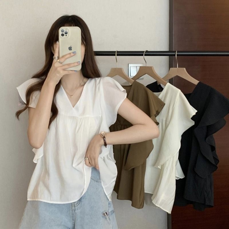 Jiashucheng Áo Sơ Mi Cổ Chữ V Tay Phồng Dáng Rộng Phong Cách Pháp Thời Trang Mùa Hè Hàng Mới Dành Cho Bạn Nữ