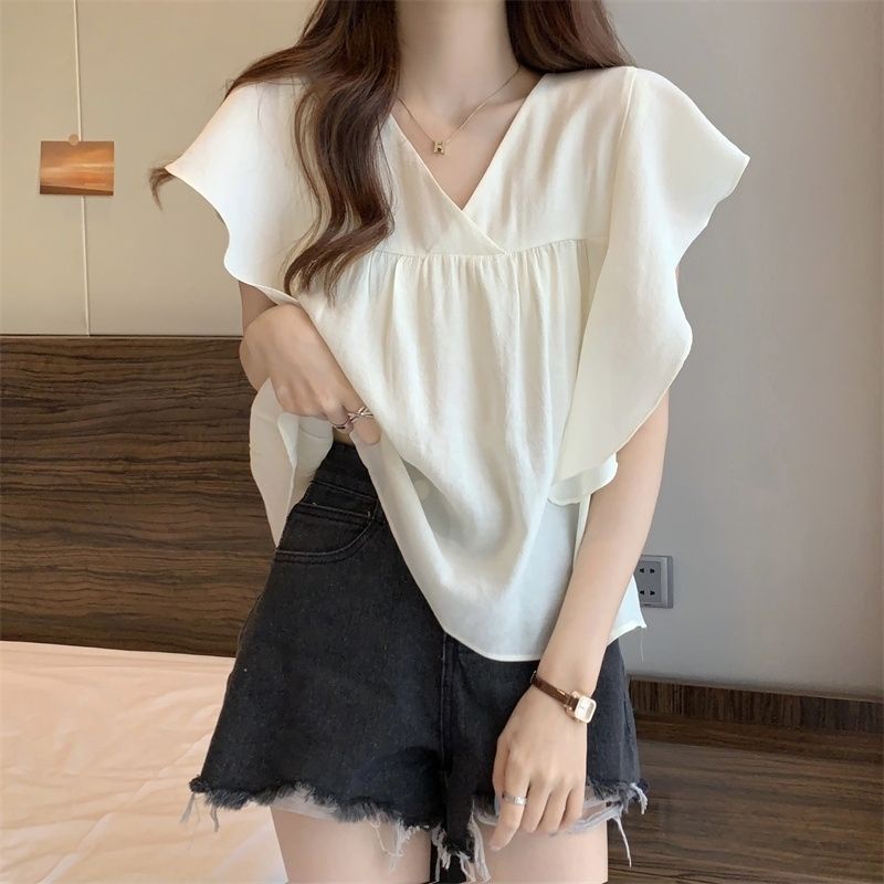 Jiashucheng Áo Sơ Mi Cổ Chữ V Tay Phồng Dáng Rộng Phong Cách Pháp Thời Trang Mùa Hè Hàng Mới Dành Cho Bạn Nữ