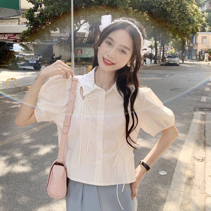 Áo Kiểu Tay Phồng Ngắn Dáng Rộng Phối Dây Rút Thời Trang Hè Cá Tính Cho Nữ