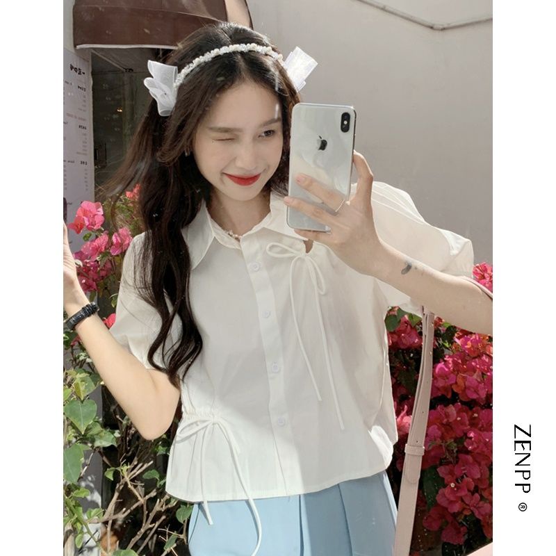 Áo Kiểu Tay Phồng Ngắn Dáng Rộng Phối Dây Rút Thời Trang Hè Cá Tính Cho Nữ