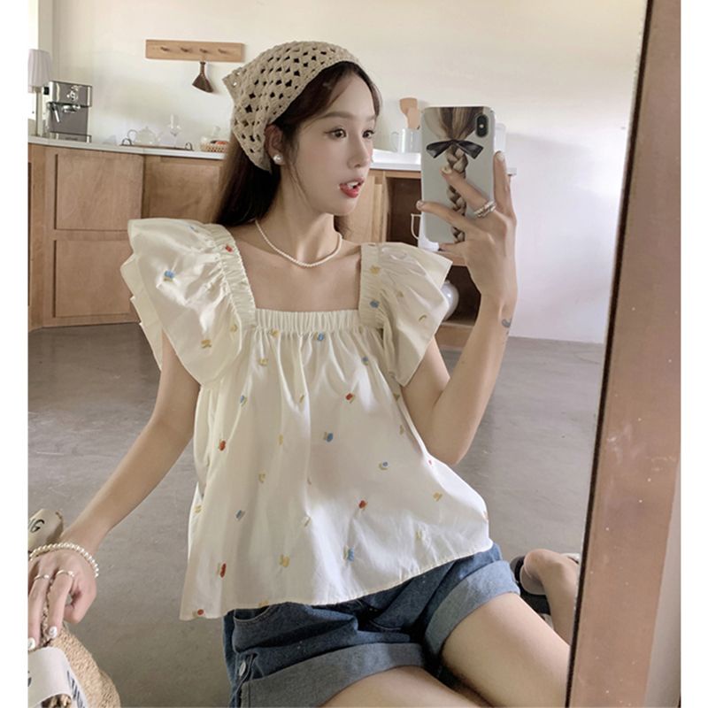 Jiashucheng Áo Sơ Mi Ngắn Ôm Dáng Cổ Vuông Tay Bay Phong Cách Retro Pháp Thời Trang Mùa Hè Dành Cho Nữ