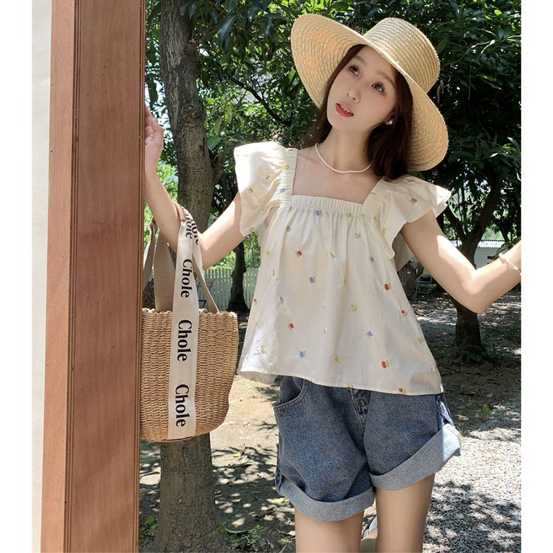 Jiashucheng Áo Sơ Mi Ngắn Ôm Dáng Cổ Vuông Tay Bay Phong Cách Retro Pháp Thời Trang Mùa Hè Dành Cho Nữ