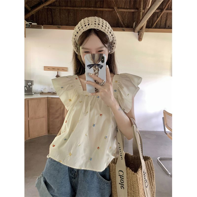 Jiashucheng Áo Sơ Mi Ngắn Ôm Dáng Cổ Vuông Tay Bay Phong Cách Retro Pháp Thời Trang Mùa Hè Dành Cho Nữ