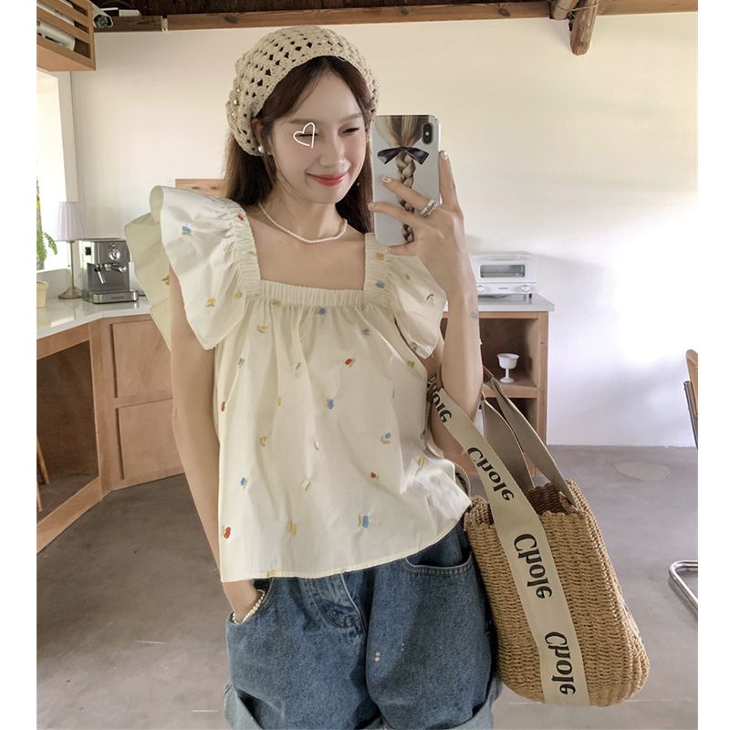 Jiashucheng Áo Sơ Mi Ngắn Ôm Dáng Cổ Vuông Tay Bay Phong Cách Retro Pháp Thời Trang Mùa Hè Dành Cho Nữ