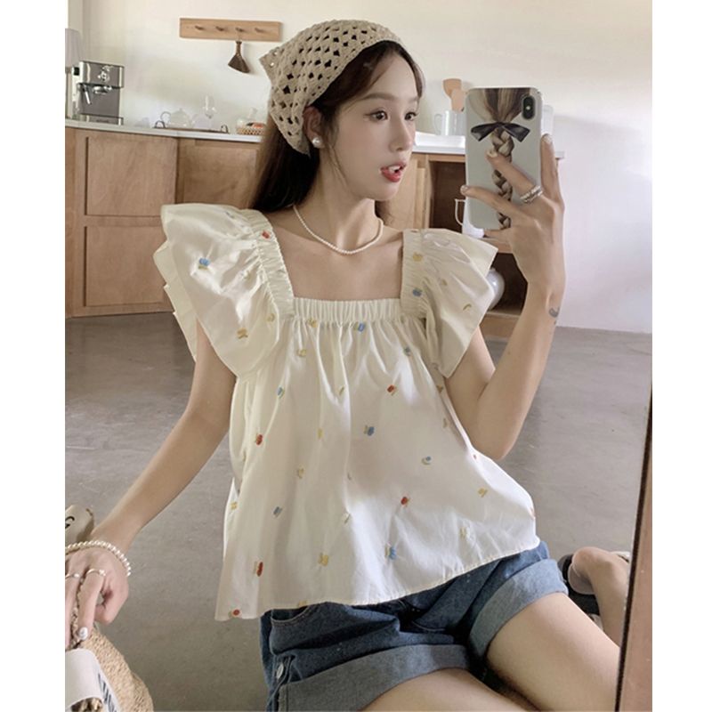 Jiashucheng Áo Sơ Mi Ngắn Ôm Dáng Cổ Vuông Tay Bay Phong Cách Retro Pháp Thời Trang Mùa Hè Dành Cho Nữ