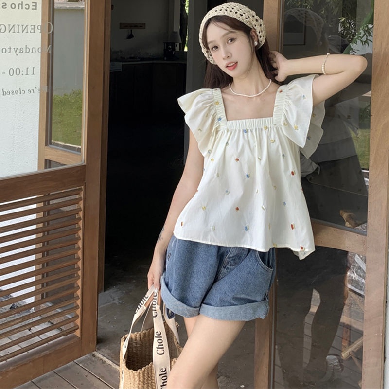 Jiashucheng Áo Sơ Mi Ngắn Ôm Dáng Cổ Vuông Tay Bay Phong Cách Retro Pháp Thời Trang Mùa Hè Dành Cho Nữ