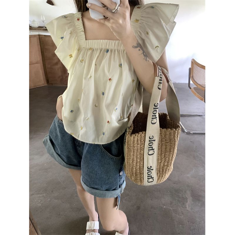 Jiashucheng Áo Sơ Mi Ngắn Ôm Dáng Cổ Vuông Tay Bay Phong Cách Retro Pháp Thời Trang Mùa Hè Dành Cho Nữ