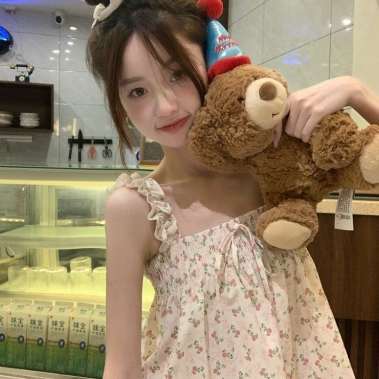 Jiashucheng Áo Hai Dây Ngắn Ôm Dáng Phối Dây Cột Họa Tiết Hoa Tươi Mới Thời Trang Mùa Hè Cho Nữ