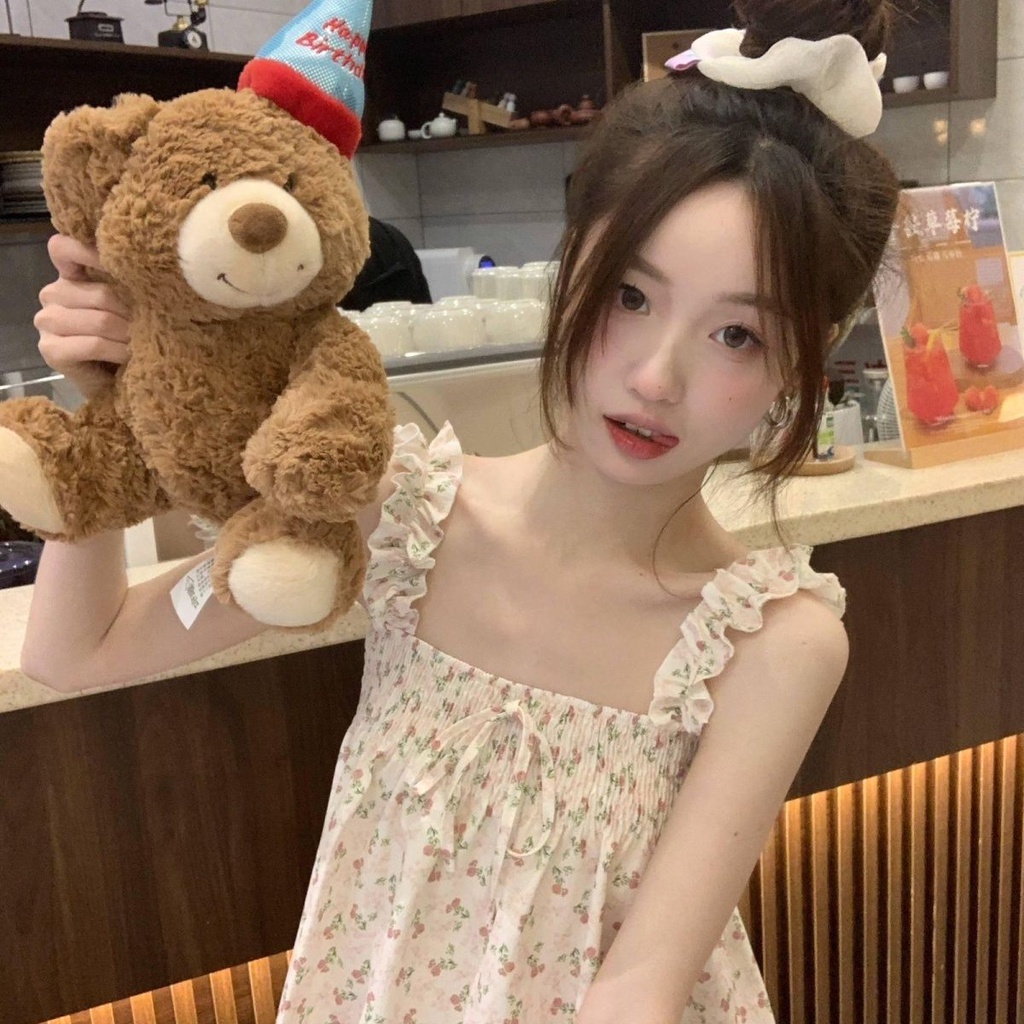 Jiashucheng Áo Hai Dây Ngắn Ôm Dáng Phối Dây Cột Họa Tiết Hoa Tươi Mới Thời Trang Mùa Hè Cho Nữ