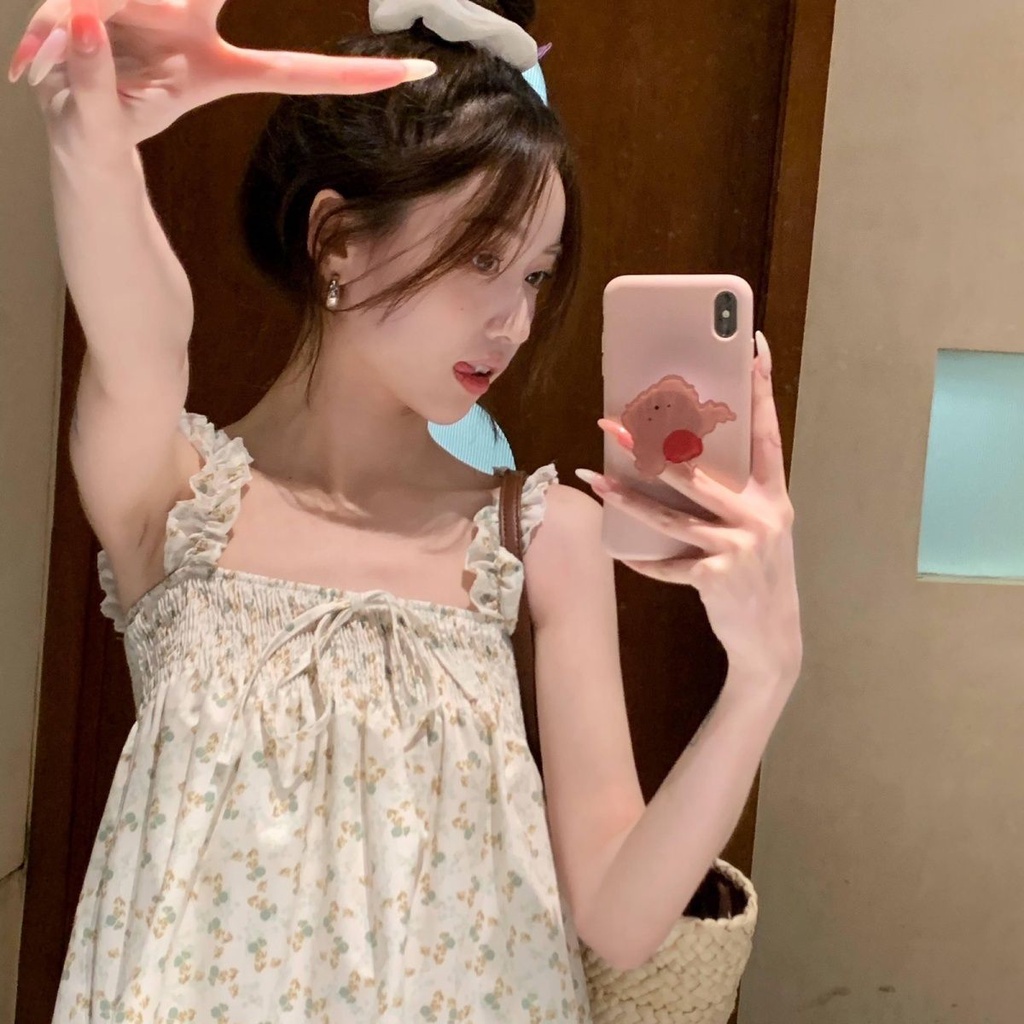 Jiashucheng Áo Hai Dây Ngắn Ôm Dáng Phối Dây Cột Họa Tiết Hoa Tươi Mới Thời Trang Mùa Hè Cho Nữ