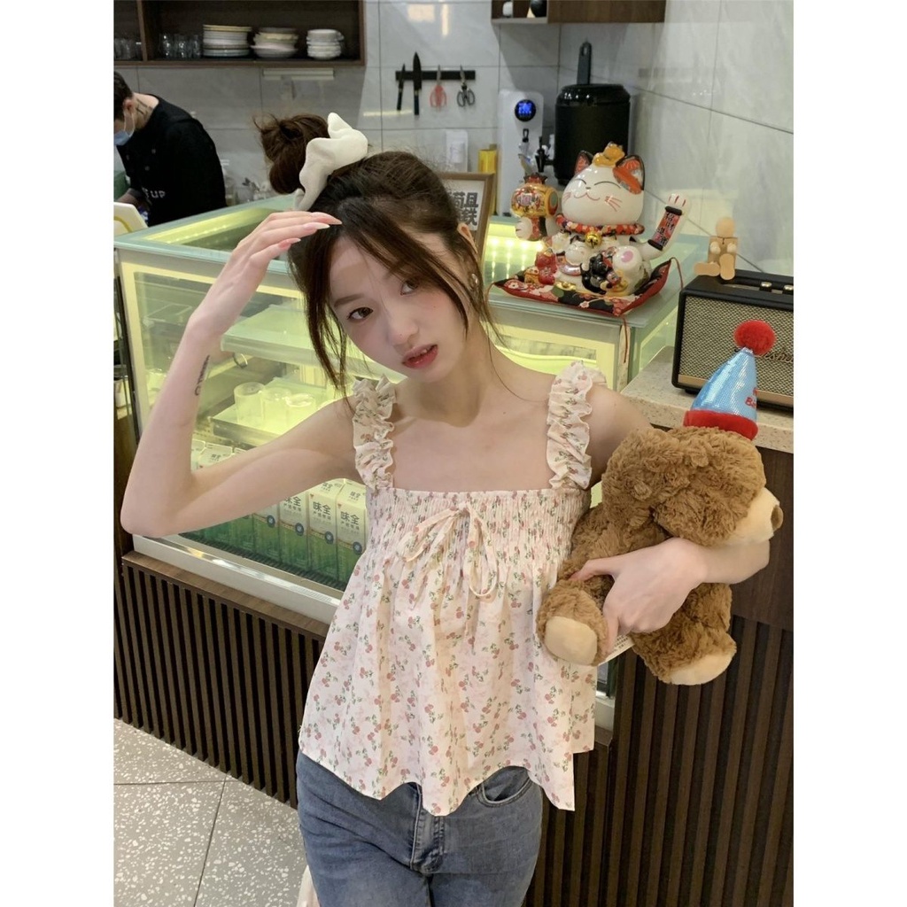 Jiashucheng Áo Hai Dây Ngắn Ôm Dáng Phối Dây Cột Họa Tiết Hoa Tươi Mới Thời Trang Mùa Hè Cho Nữ