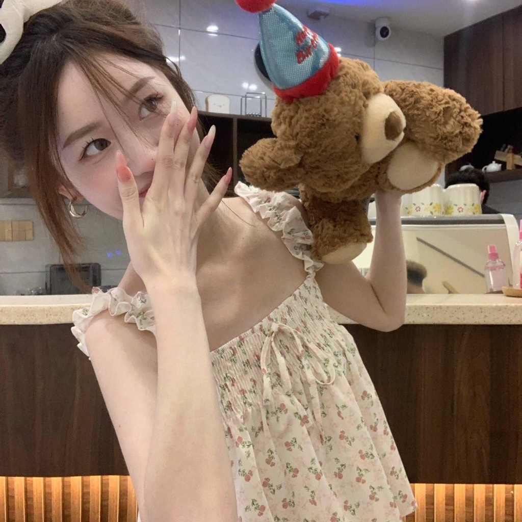 Jiashucheng Áo Hai Dây Ngắn Ôm Dáng Phối Dây Cột Họa Tiết Hoa Tươi Mới Thời Trang Mùa Hè Cho Nữ