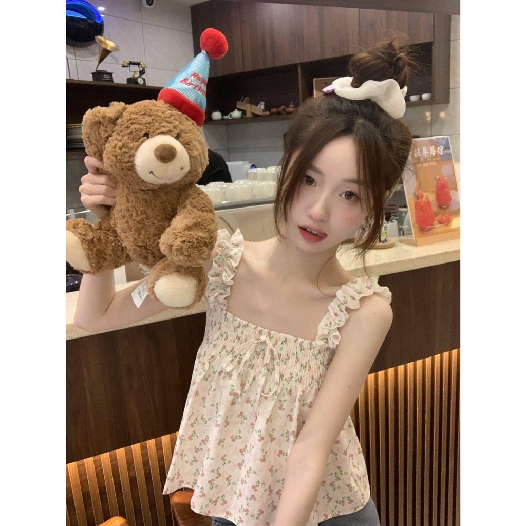 Jiashucheng Áo Hai Dây Ngắn Ôm Dáng Phối Dây Cột Họa Tiết Hoa Tươi Mới Thời Trang Mùa Hè Cho Nữ