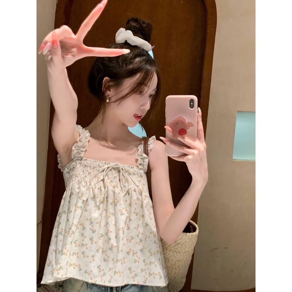 Jiashucheng Áo Hai Dây Ngắn Ôm Dáng Phối Dây Cột Họa Tiết Hoa Tươi Mới Thời Trang Mùa Hè Cho Nữ