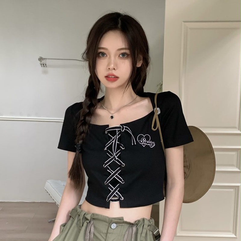 Áo Thun Tay Ngắn Cổ Chữ u Màu Đen Thời Trang Mùa Hè Cho Nữ