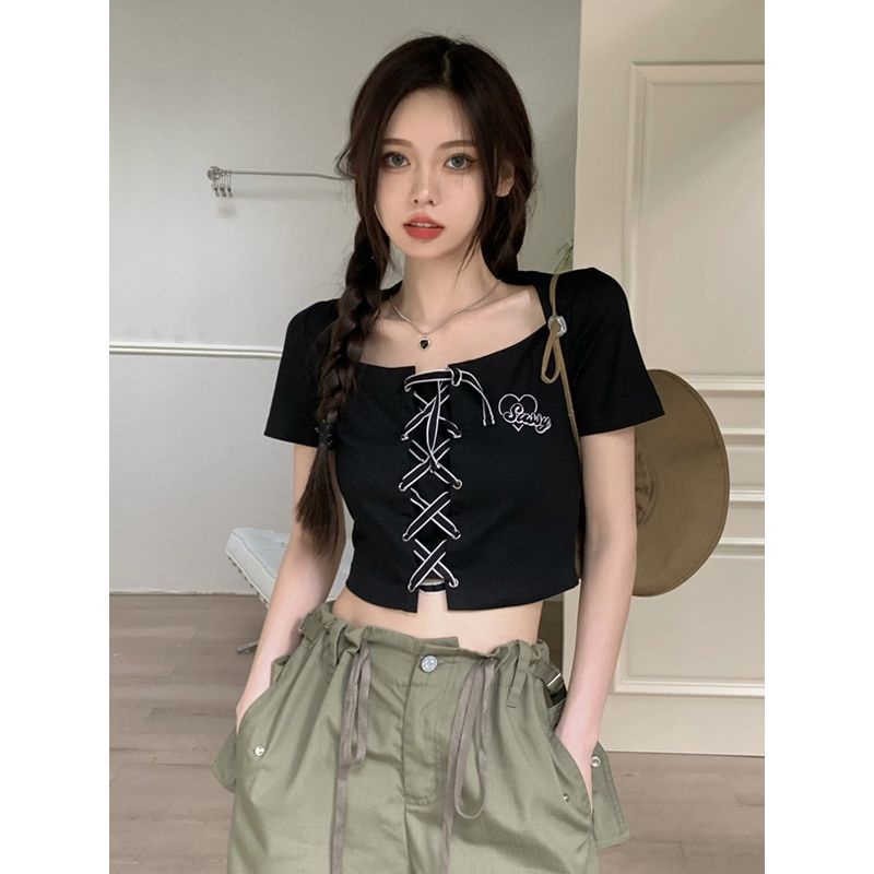 Áo Thun Tay Ngắn Cổ Chữ u Màu Đen Thời Trang Mùa Hè Cho Nữ