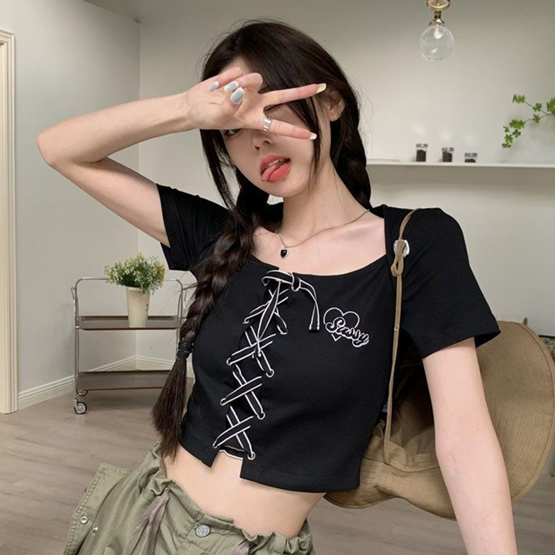 Áo Thun Tay Ngắn Cổ Chữ u Màu Đen Thời Trang Mùa Hè Cho Nữ