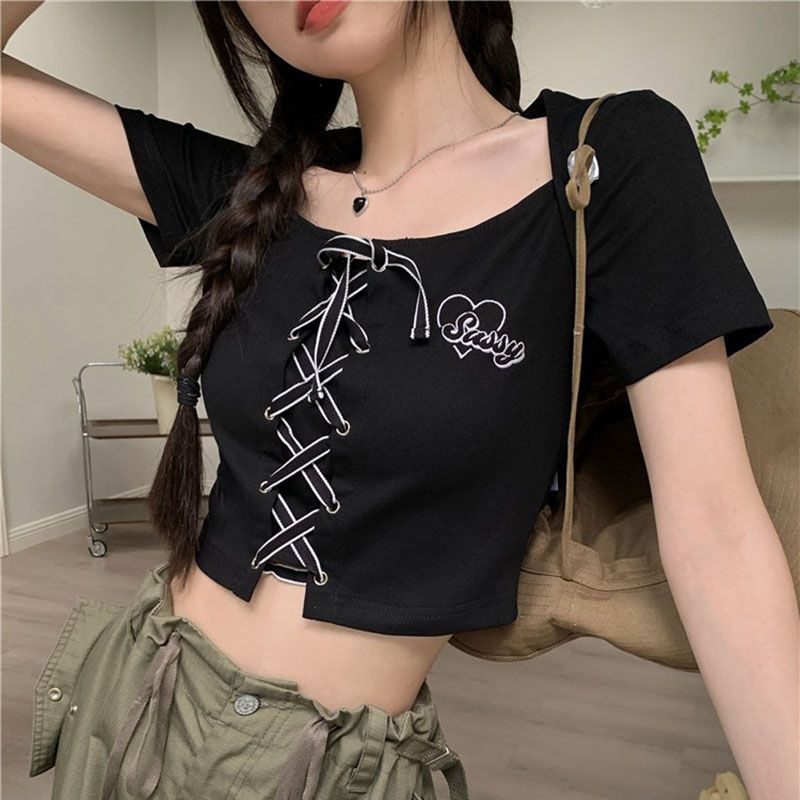 Áo Thun Tay Ngắn Cổ Chữ u Màu Đen Thời Trang Mùa Hè Cho Nữ