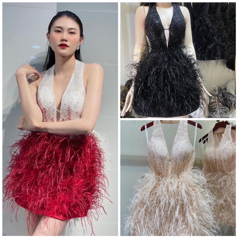 Đầm xoè dự tiệc lông vũ kết cườm sang trọng - size S/M/L - MS332Y