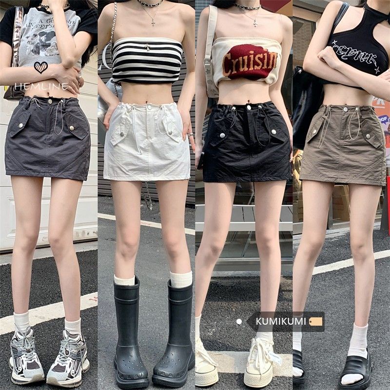 Jiashucheng Váy Yếm Ngắn Eo Cao Chống Lóa Phong Cách Hip Hop Đường Phố Mỹ Mùa Hè Dành Cho Bạn Nữ