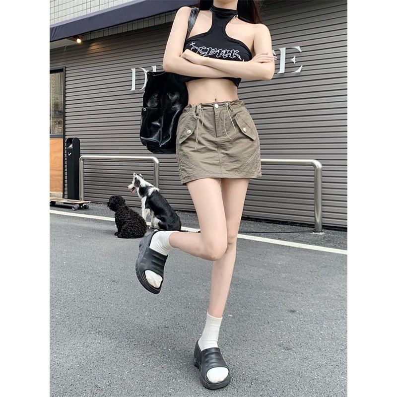 Jiashucheng Váy Yếm Ngắn Eo Cao Chống Lóa Phong Cách Hip Hop Đường Phố Mỹ Mùa Hè Dành Cho Bạn Nữ