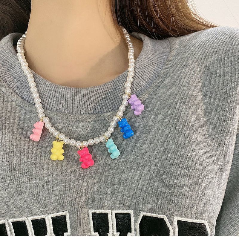 Vòng cổ Chuỗi Hạt Ngọc Trai Mặt Gấu Nhiều Màu Sắc Cá Tính Cho Nữ