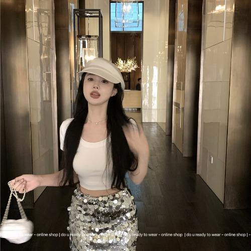 Jiashucheng Váy Ngắn Eo Cao Đính Kim Sa Lấp Lánh Kiểu Pháp Thời Trang Mùa Hè Mới Cho Nữ