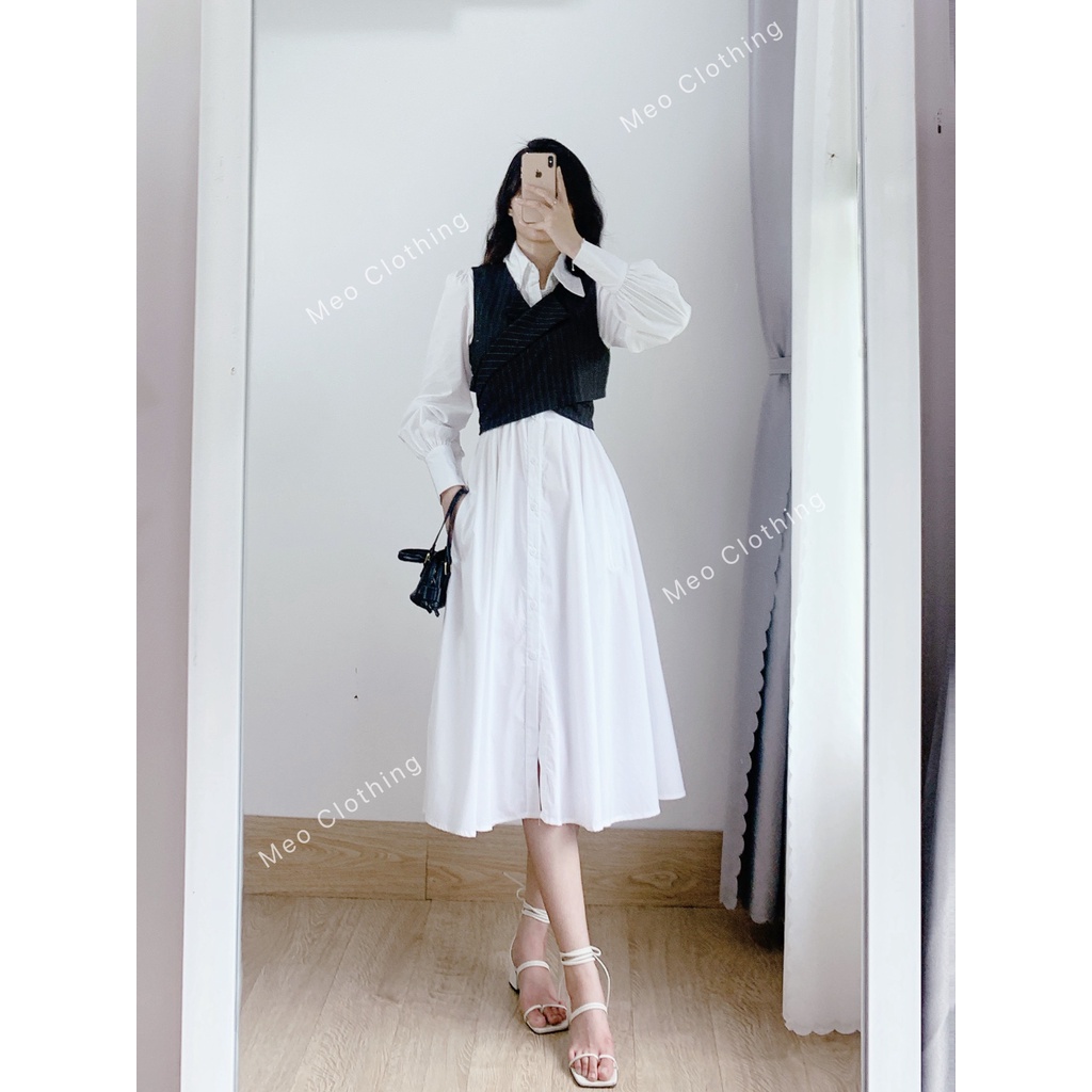 Set áo gile + váy sơ  mi hotgirl form lên tôn dáng xinh xắn