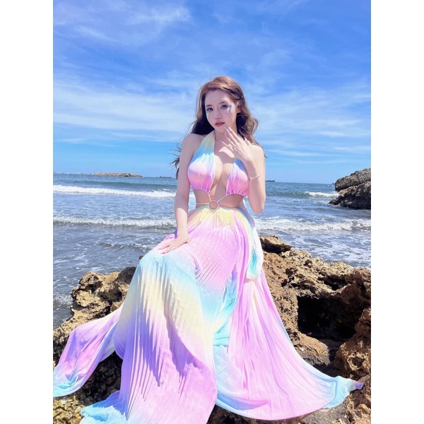 Đầm maxi đi biển omber loang cầu vồng cut eo khoen xẻ tà dáng dài xoè rộng siêu sang chảnh sexy quyến rũ