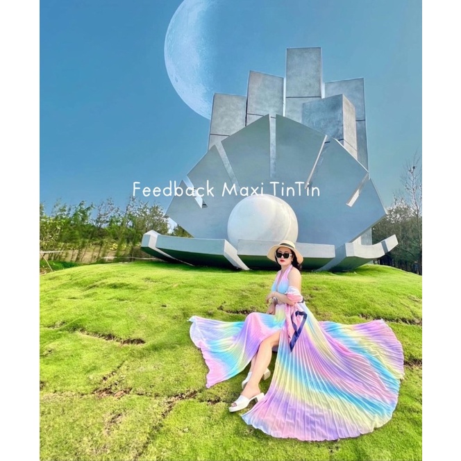 Đầm maxi đi biển omber loang cầu vồng cut eo khoen xẻ tà dáng dài xoè rộng siêu sang chảnh sexy quyến rũ