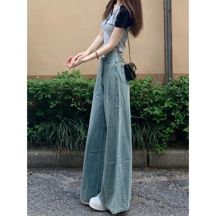 Jiashucheng Quần Jean Ống Rộng Lưng Cao Thời Trang Mùa Hè Hong Kong Cho Nữ
