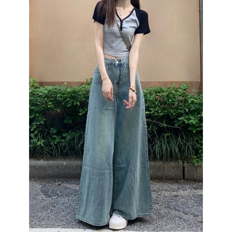 Jiashucheng Quần Jean Ống Rộng Lưng Cao Thời Trang Mùa Hè Hong Kong Cho Nữ