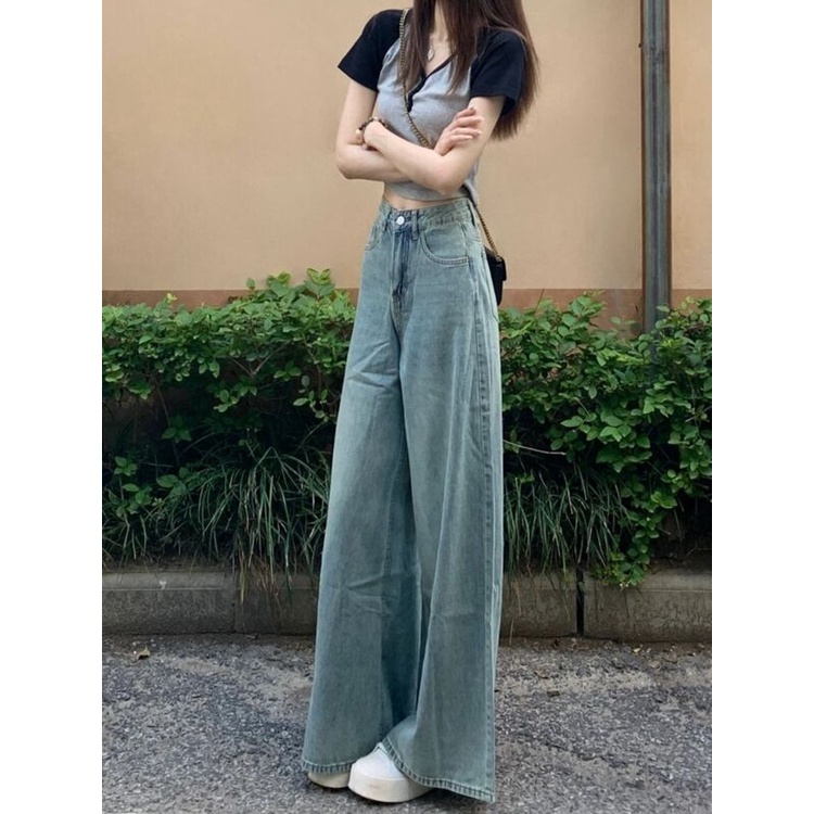 Jiashucheng Quần Jean Ống Rộng Lưng Cao Thời Trang Mùa Hè Hong Kong Cho Nữ