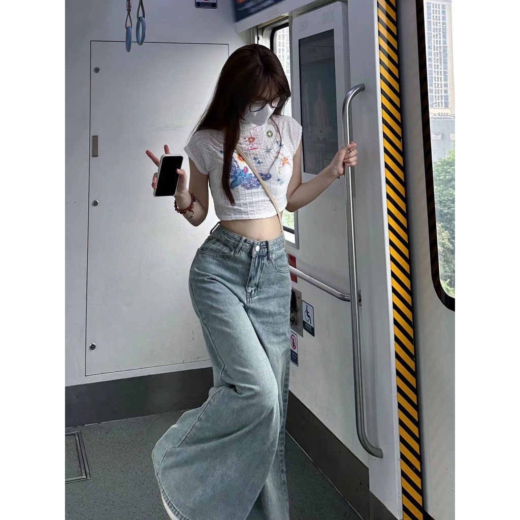 Jiashucheng Quần Denim Ống Rộng Lưng Cao Màu Xanh Dương Retro Mùa Hè Cho Nữ