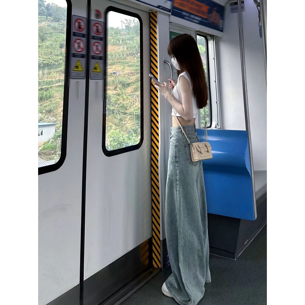 Jiashucheng Quần Denim Ống Rộng Lưng Cao Màu Xanh Dương Retro Mùa Hè Cho Nữ