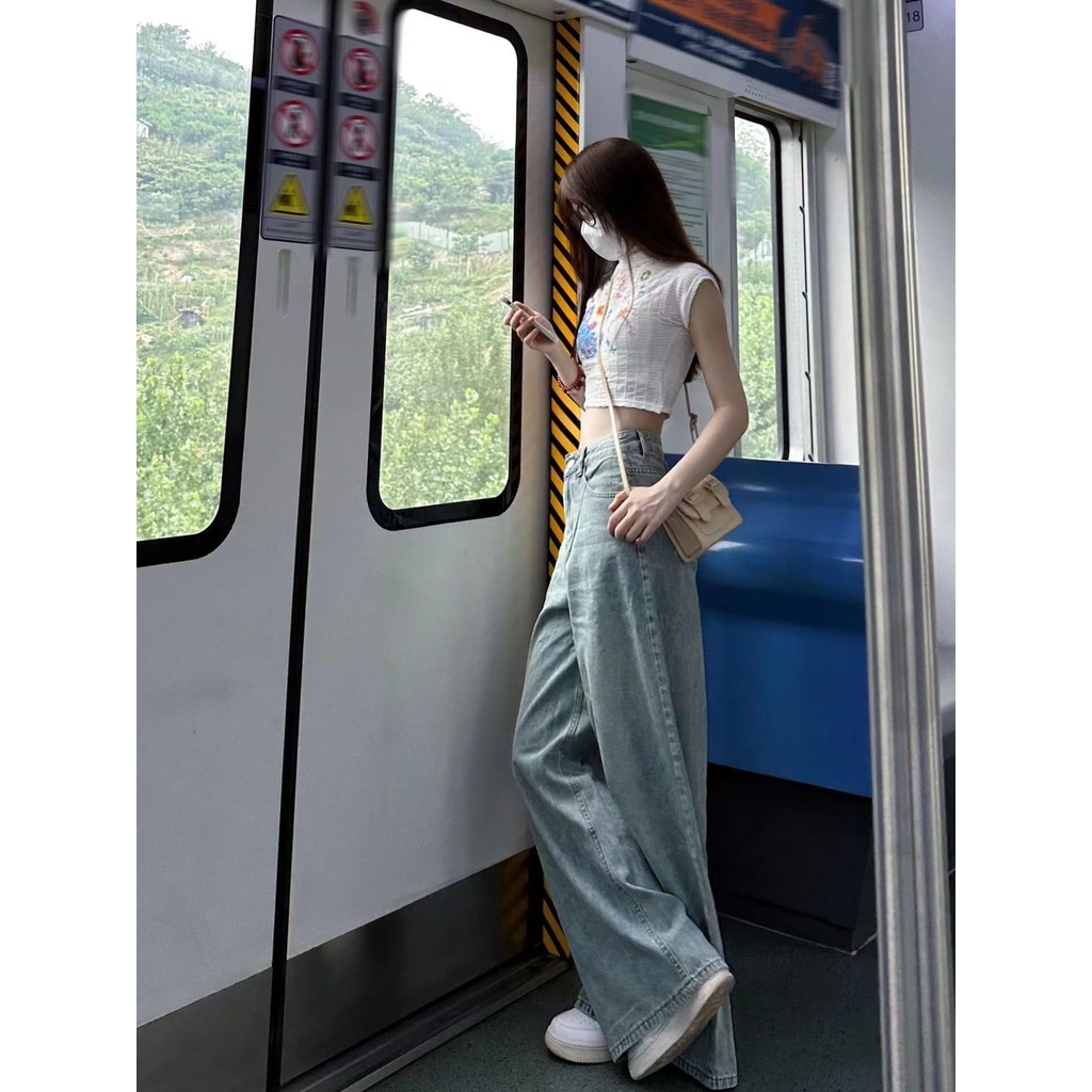 Jiashucheng Quần Denim Ống Rộng Lưng Cao Màu Xanh Dương Retro Mùa Hè Cho Nữ