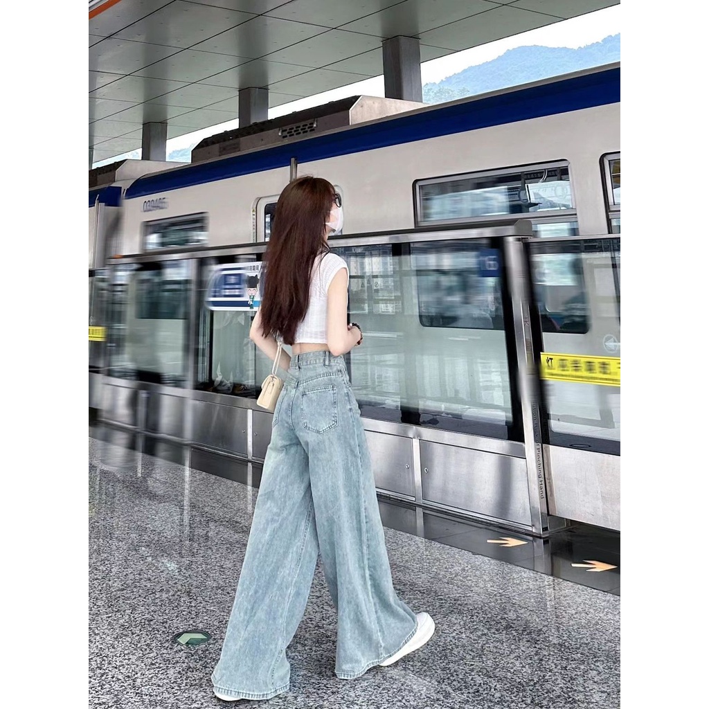 Jiashucheng Quần Denim Ống Rộng Lưng Cao Màu Xanh Dương Retro Mùa Hè Cho Nữ