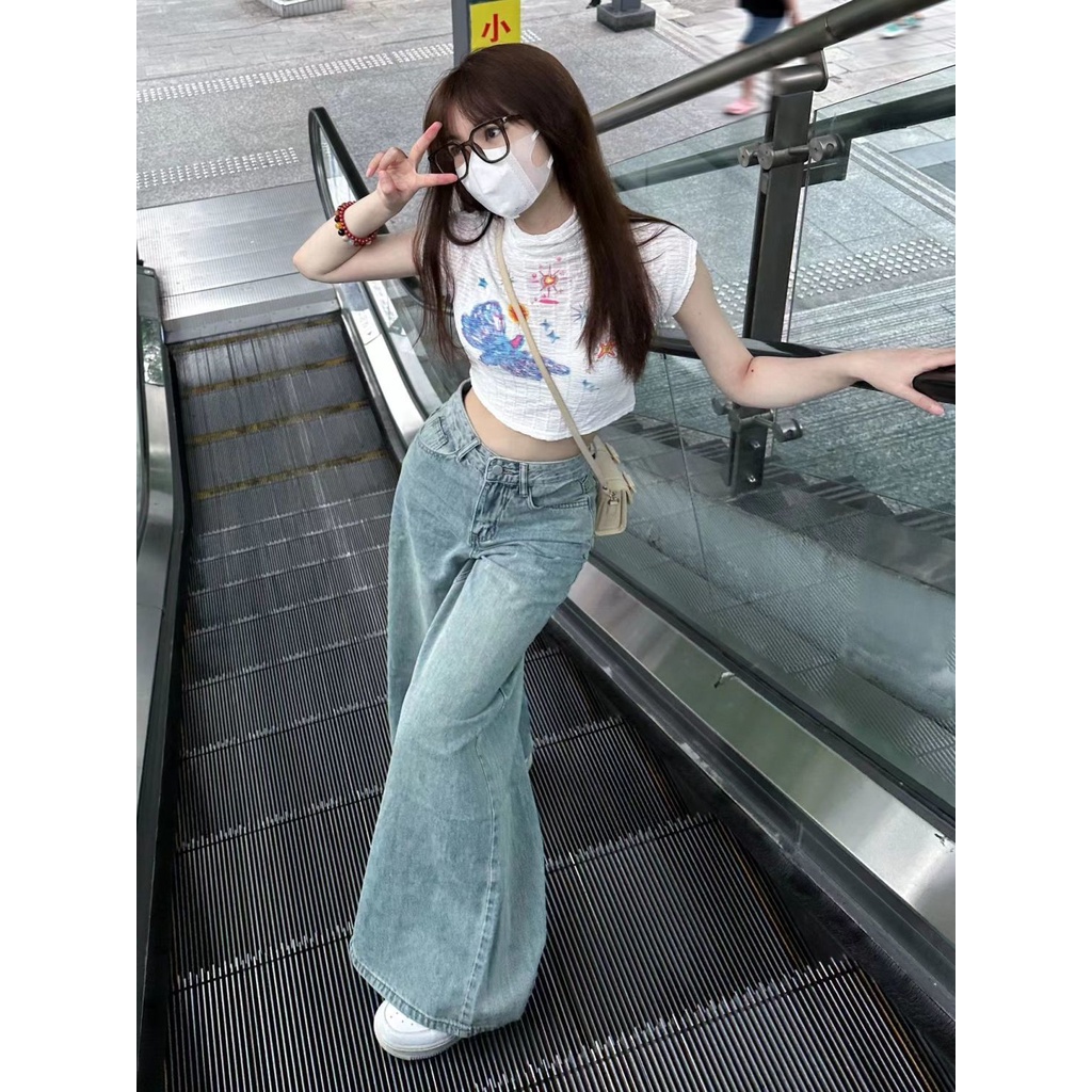 Jiashucheng Quần Denim Ống Rộng Lưng Cao Màu Xanh Dương Retro Mùa Hè Cho Nữ