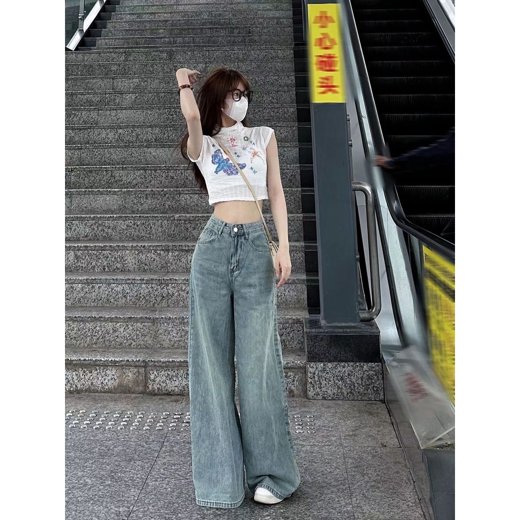 Jiashucheng Quần Denim Ống Rộng Lưng Cao Màu Xanh Dương Retro Mùa Hè Cho Nữ