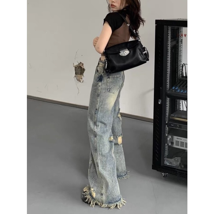 Jiashucheng Quần Jean Dài Ống Rộng Lưng Cao Rách Lỗ Cỡ Lớn Thời Trang Mùa Hè Cho Nữ