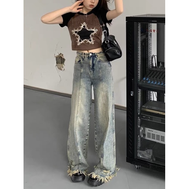 Jiashucheng Quần Jean Dài Ống Rộng Lưng Cao Rách Lỗ Cỡ Lớn Thời Trang Mùa Hè Cho Nữ